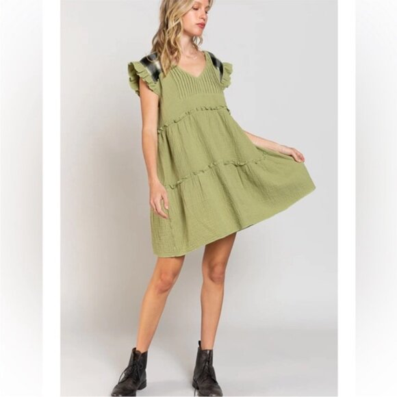 POL | Chelsea Ruffle Plaid Gauze Tunic Mini Dress Navy Charcoal Deep Olive Green - Picture 7 of 13
